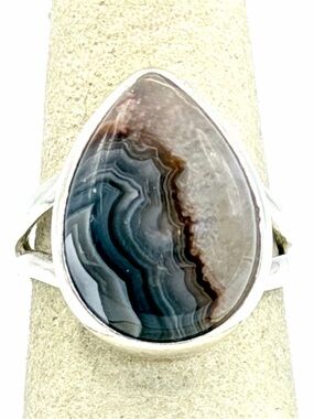 925 Sterling Silver Lake Superior Agate Teardrop-Shaped Ring, Size 7, Pre-Loved